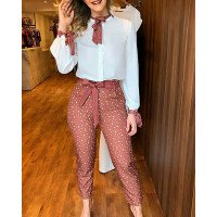 Tied Detail Top & Polkadot Print Pants Set - white