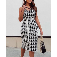 Tied Detail V-Neck Houndstooth Print Work Dress - black