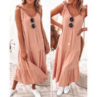 Tied Detail V-Neck Ruched Casual Maxi Dress - pink