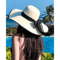 Tied Detail Wide Brim Beach Straw Sun Hat - blackwhite