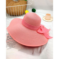 Tied Detail Wide Brim Beach Straw Sun Hat - pink