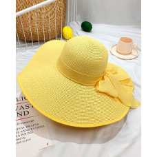 Tied Detail Wide Brim Beach Straw Sun Hat - yellow