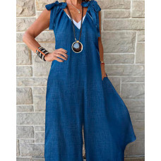 Tied Detail Wide Leg Jumpsuit - blue