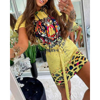 Tiger Cheetah Print Hooded T-shirt Dress - yellow