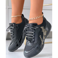 Tiger Embroidery Colorblock Lace-up Sneakers - black