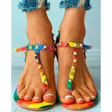 Toe Post Colorblock Rivet Slingback Flat Sandals - Multicolor