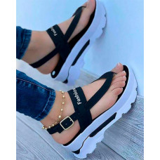 Toe Post Letter Pattern Buckled Platform Sandals - black