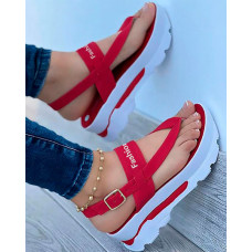 Toe Post Letter Pattern Buckled Platform Sandals - red