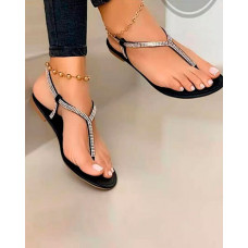 Toe Post Slingback Rhinestone Decor Sandals - black