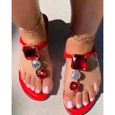 Toe Post Square Gems Slingback Flat Sandals - red