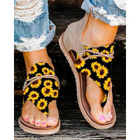 Toe Post Sunflower Pattern Sandals - yellow