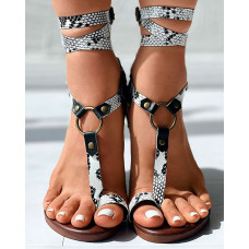 Toe Ring Buckled O-ring Design Flat Sandals - snakeskin