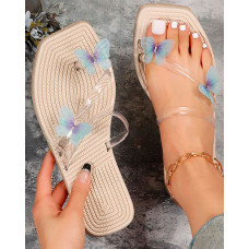 Toe Ring Butterfly Pattern Clear Strap Flip Flops - blue