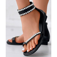 Toe Ring Pearls Decor Ankle Strap Sandals - black