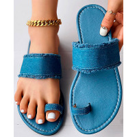 Toe Ring Raw Hem Flip Flops Outdoor Sandals - blue