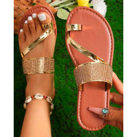 Toe Ring Rhinestone Beach Flip Flops - gold