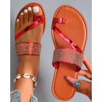 Toe Ring Rhinestone Beach Flip Flops - red