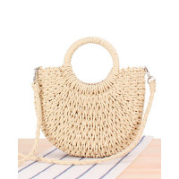 Top Handle Braided Straw Summer Beach Bag - beige