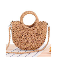 Top Handle Braided Straw Summer Beach Bag - coffee