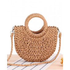 Top Handle Braided Straw Summer Beach Bag - coffee