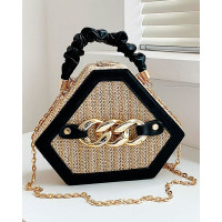 Trendy Chain Decor Top Handle Straw Geometrical Crossbody Bag - black