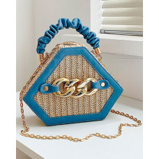 Trendy Chain Decor Top Handle Straw Geometrical Crossbody Bag - blue