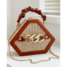 Trendy Chain Decor Top Handle Straw Geometrical Crossbody Bag - brown