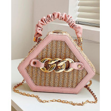 Trendy Chain Decor Top Handle Straw Geometrical Crossbody Bag - pink