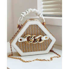 Trendy Chain Decor Top Handle Straw Geometrical Crossbody Bag - white