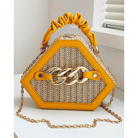 Trendy Chain Decor Top Handle Straw Geometrical Crossbody Bag - yellow