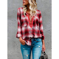 Trendy Lace-up Tartan Print Casual Blouse - red