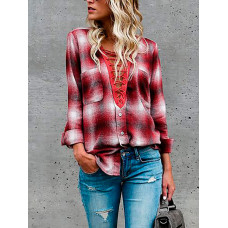 Trendy Lace-up Tartan Print Casual Blouse - red