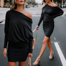 Trendy Skew Neck Batwing Sleeve Casual Dress - black