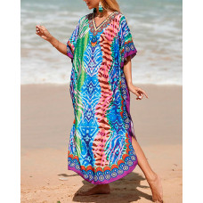 Tribal Abstract Print Batwing Sleeve Slit Cover Up Dress - blue