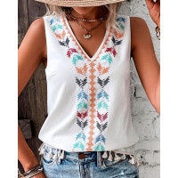 Tribal Embroidery V-Neck Casual Tank Top - white