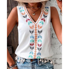 Tribal Embroidery V-Neck Casual Tank Top - white