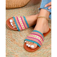 Tribal Embroidery Wide Strap Slippers - hot pink