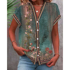 Tribal Floral Print Button Design Blouse - green