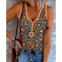 Tribal Floral Print Buttoned Casual Tank Top - orange