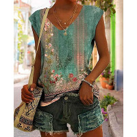 Tribal Floral Print Cap Sleeve V-Neck T-shirt - green