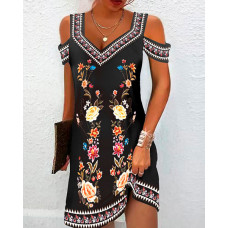 Tribal Floral Print Cold Shoulder Casual Dress - black