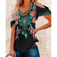 Tribal Floral Print Cold Shoulder Top - black