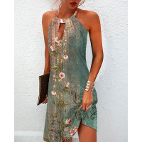 Tribal Floral Print Cutout Sleeveless Casual Dress - green