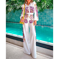 Tribal Floral Print Lantern Sleeve Top & Wide Leg Bootcut Pants Set - white