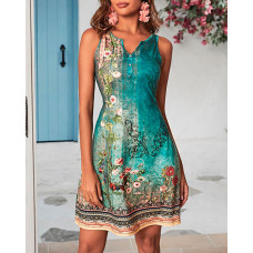 Tribal Floral Print Notch Neck Casual Dress - green