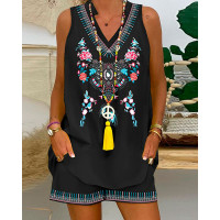 Tribal Floral Print Notch Neck Top & Shorts Set - black