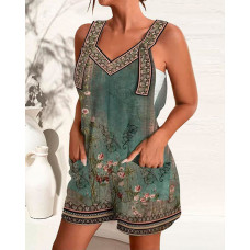 Tribal Floral Print Pocket Design Suspender Romper - green