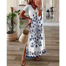 Tribal Floral Print Split Hem Maxi Dress - white