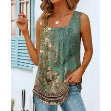 Tribal Floral Print Square Neck Ruched Tank Top - green