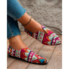 Tribal Geometric Print Point Toe Casual Loafers - red